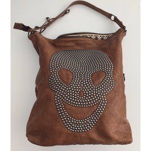 THOMAS WYLDE STUDDED BROWN LEATHER SKULLL HOBO BAG